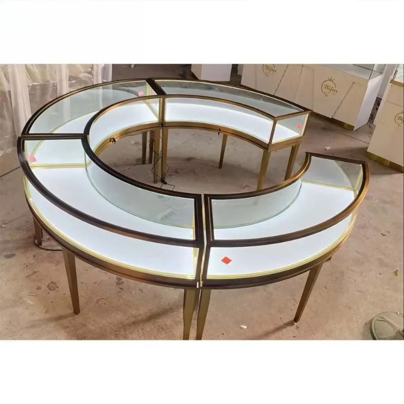 

Curved LED Lighting Glass Jewelry Display Cabinet Round Metal Premium Jewelry Store Counter Luxury Jewelry Display Cabinet