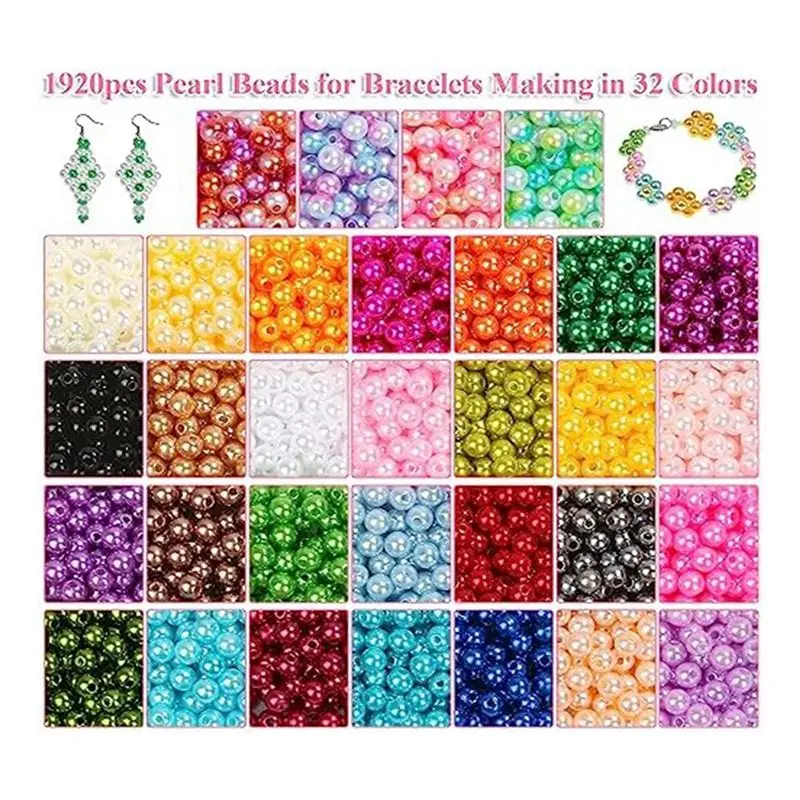 *A91P Pearl Beads for Jewelry Making, 32 Colors Round Pearl Beads with Holes, 1920Pcs 6mm Handmade Colorful Loose Beads Small