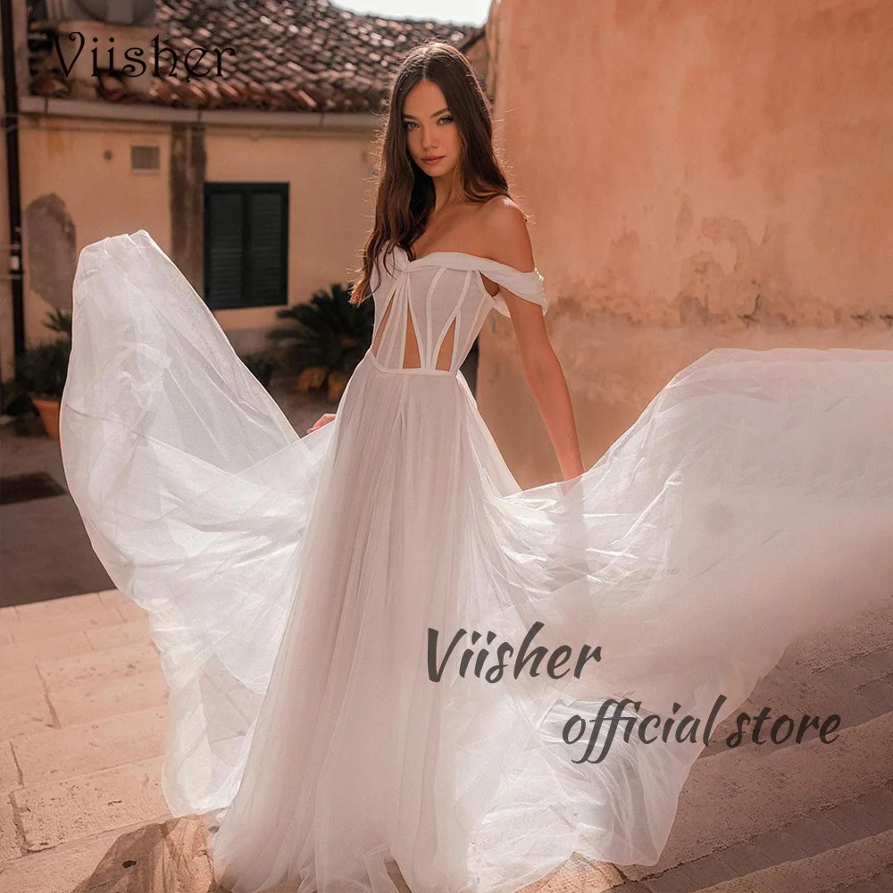 Viisher abiti da sposa bianchi con spalle scoperte Sey Cut Out Soft Tulle A Line Beach Wedding Bride Dress Lace Up Back