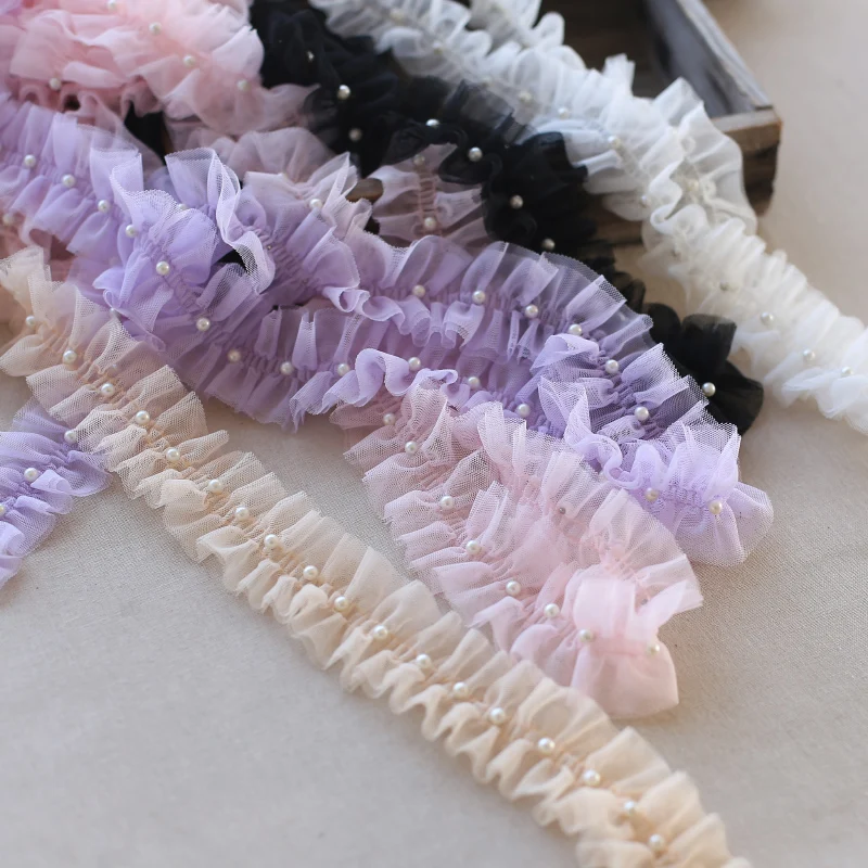 20Meters Two Layers Pleated Fabirc Pearls Ribbon Lace Ruffle Trim Dress Applique Headveil DIY Sewing Decor