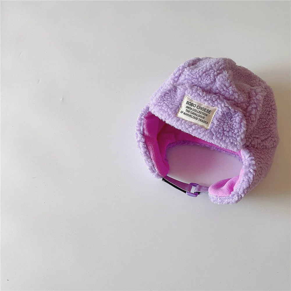 Winter Warm Lamb\'s Fleece Hat For Kid Girls Children Plush Soft Candy Color Adjustable Cute Hats Boys Ear Protection Cotton Cap