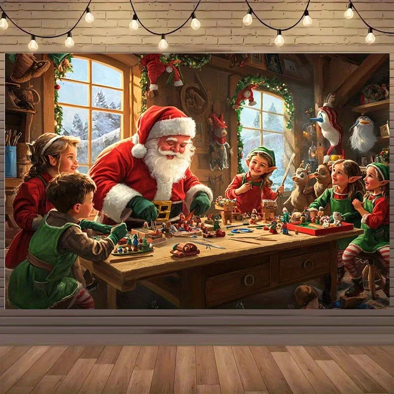 Santa Workshop Tapestry, Elves Making Toys Wall Hanging, Cozy Christmas Cabin Art, Festive Holiday Kids Room Decor, Warm Blanket