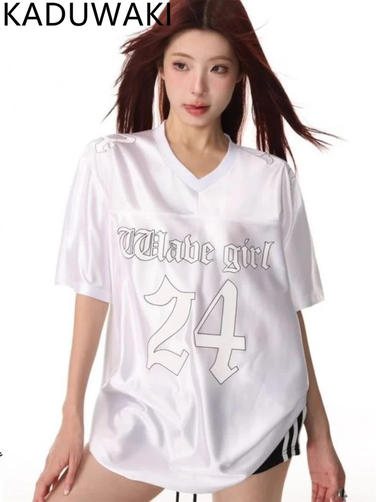 

Винтажные свободные футболки, уличная американская мода, топ с открытыми плечами и половиной рукавов, лето 202, универсальная футболка с буквенным принтом Y2k