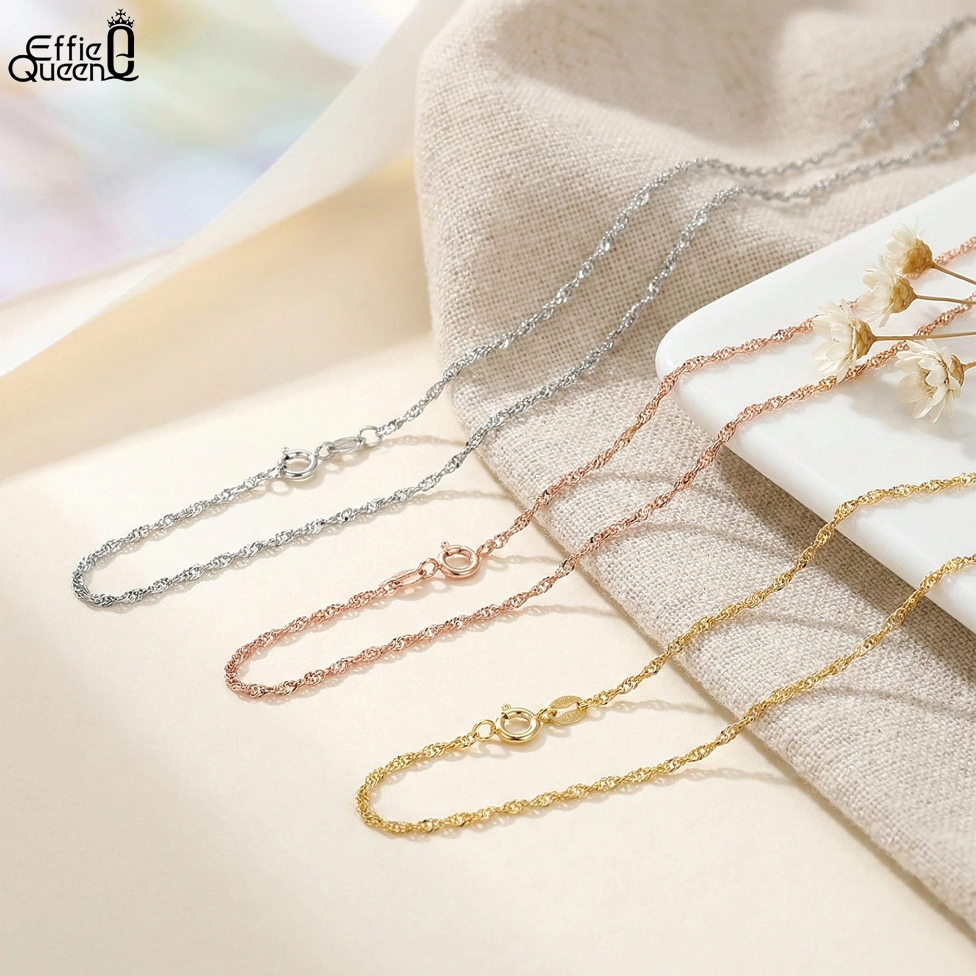 Effie Queen Charm S925 Silver 1.5mm 14k Gold Twisted Curb Rope Chain Choker Necklace Men Women\'s Neck Chain Simple Jewelry SC02