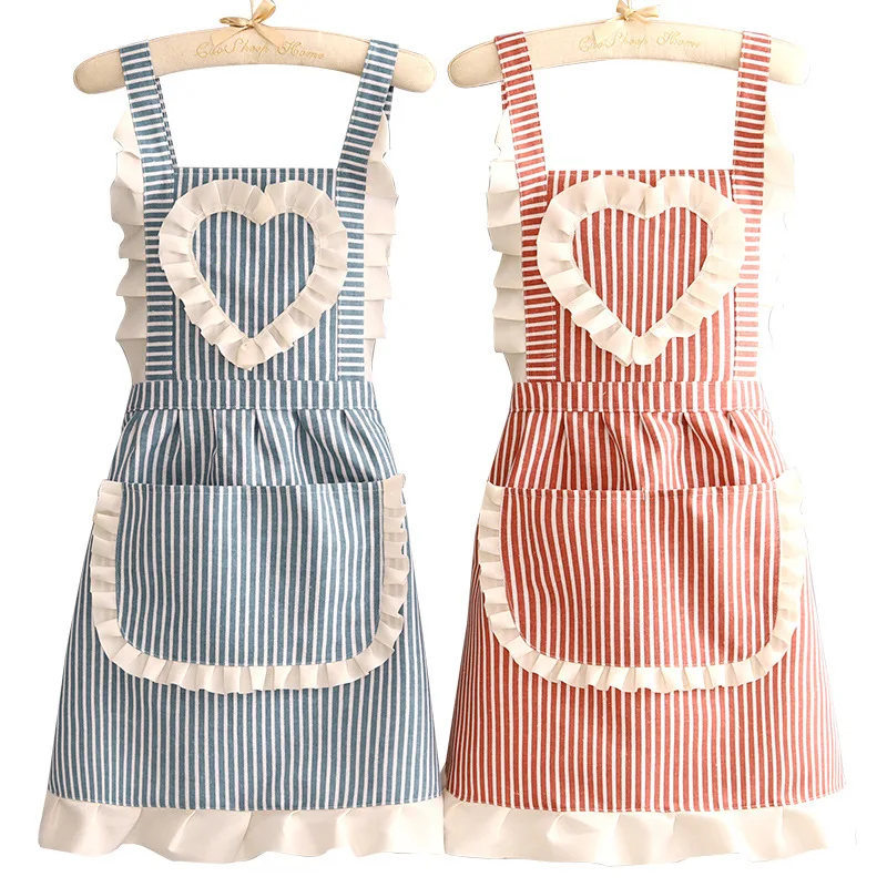 Apron Ruffle Apron for Women Cotton Linen Striped Kitchen Anti‑dirty Wear‑resistant Work with Big Pocket for Cooking Restaurant