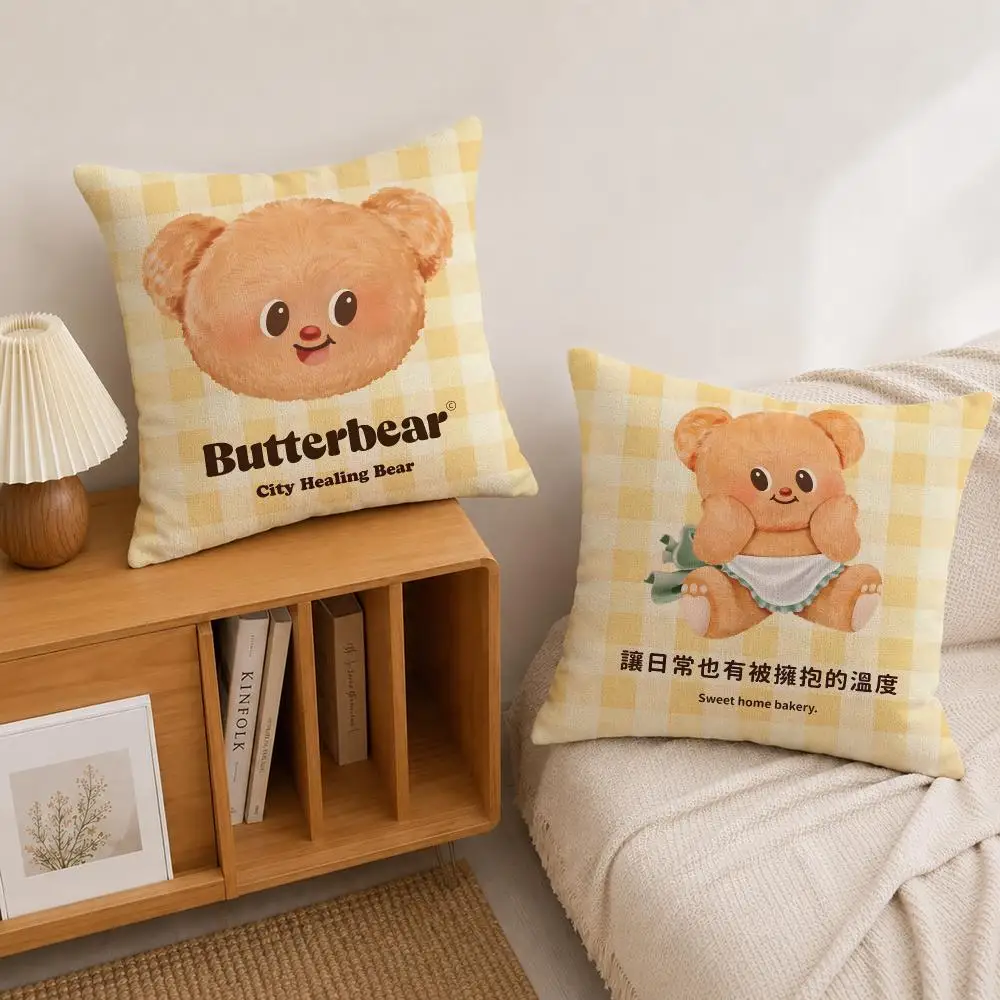 Character Butter Bear Cushion Cover Natural Linen Pillowcase Set, All-in-One Decor for Sofa, Bedroom & Chair