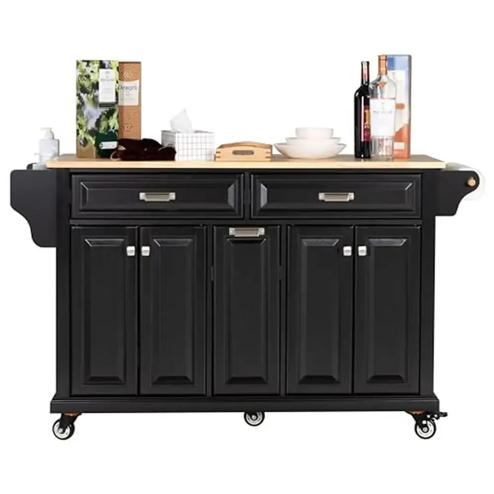 Mobile Kitchen Island with Storage & Wood Top Rolling Island Spice Rack Towel Holder Drawers Shelves 60.5