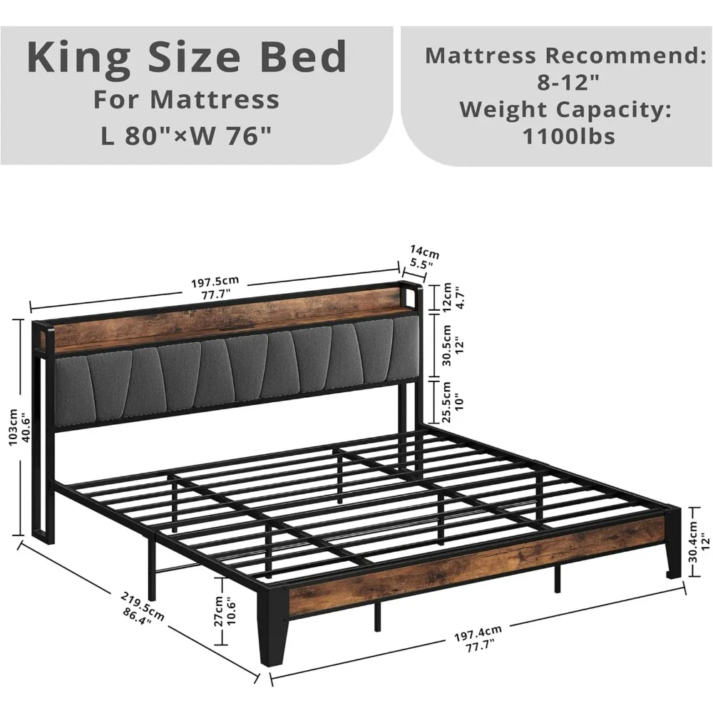 Full Size Bed Frame,Storage Headboard with Charging Station,Solid，Stable,Noise Free,No Box Spring Needed,Easy Assembly