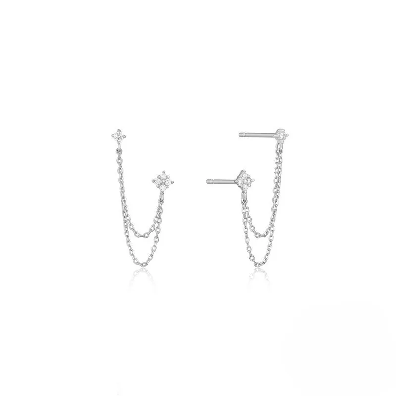 Lnngy 3mm&2mm Four Leaf Flower Moissanite Drop Earring For Women Girls Double Studs Chain Tassel Piercing Earrings Jewelry Gift