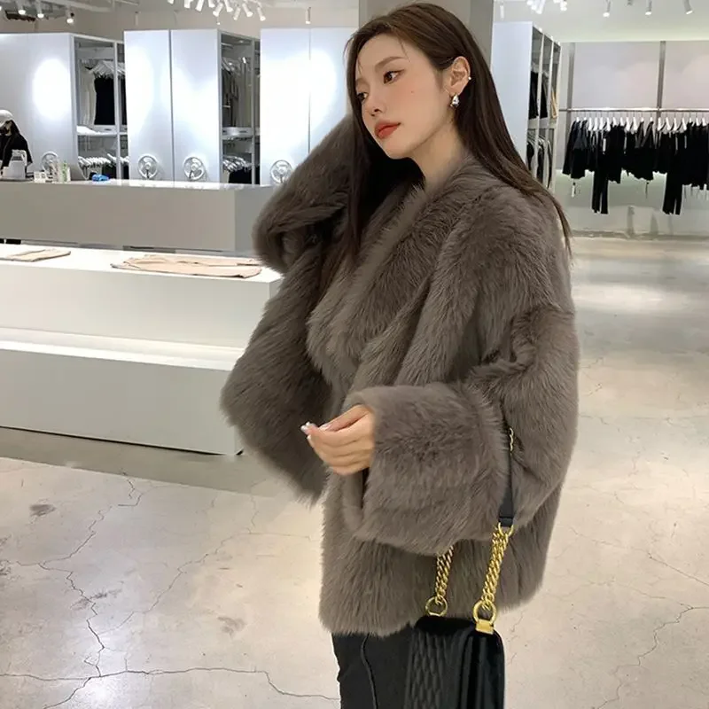 Winter New Women Temperament Faux Fur Coat Female Niche Trend Suit Collar Solid Color Outcoat Warm Casual Versatile Outerwear