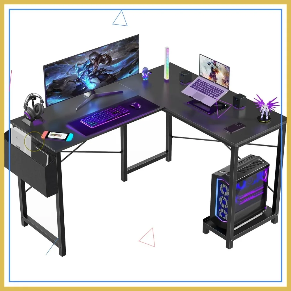 

L-Shaped Corner Desk for Gaming & Home Office, 50-Inch Black Computer Table with CPU Stand and Side Bag, Sturdy Workstation