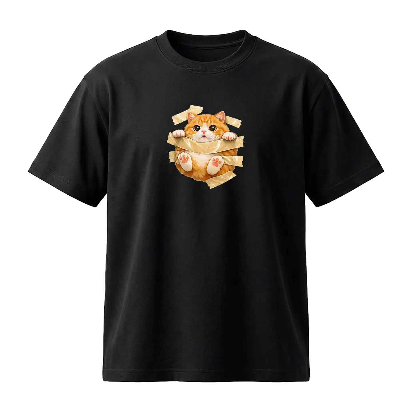 Niche Design Parody Tape Cat Print Short Sleeve T-shirt for Men and Women Instagram Style Everything with Cotton Top Summer
