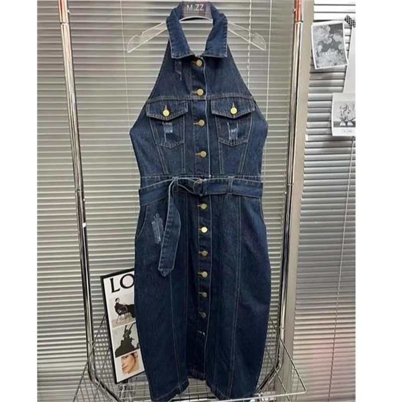 

Summer single breasted lapel halterneck backless sexy denim dress women metal buckle belt sleeveless fashion dress