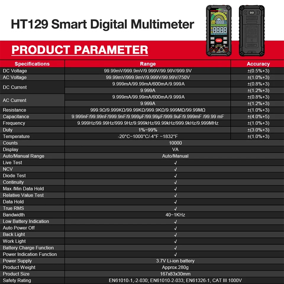 HT129 Smart Digital Multimeter 9999 Counts AC/DC Ammeter Voltmeter USB Rechargeable Ohm Diode NCV Multimeter Tester Color Screen