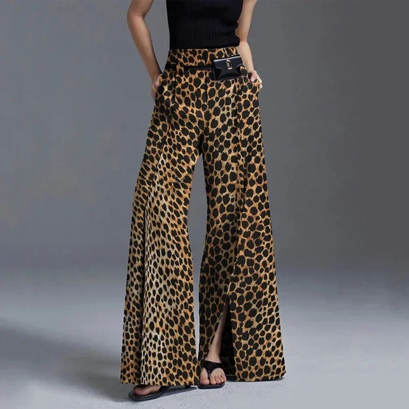 Yeezzi Fashion Leopard Printed Split-Front Wide Leg Pants for Women 2024 New Autumn Loose High-Waist Casual Trousers Streetwear