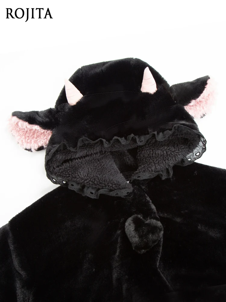 Cute Coat Original Design Sheep Horn Plush Coat Winter Thickened Black and White Winter Jacket for Women Hooded Coat