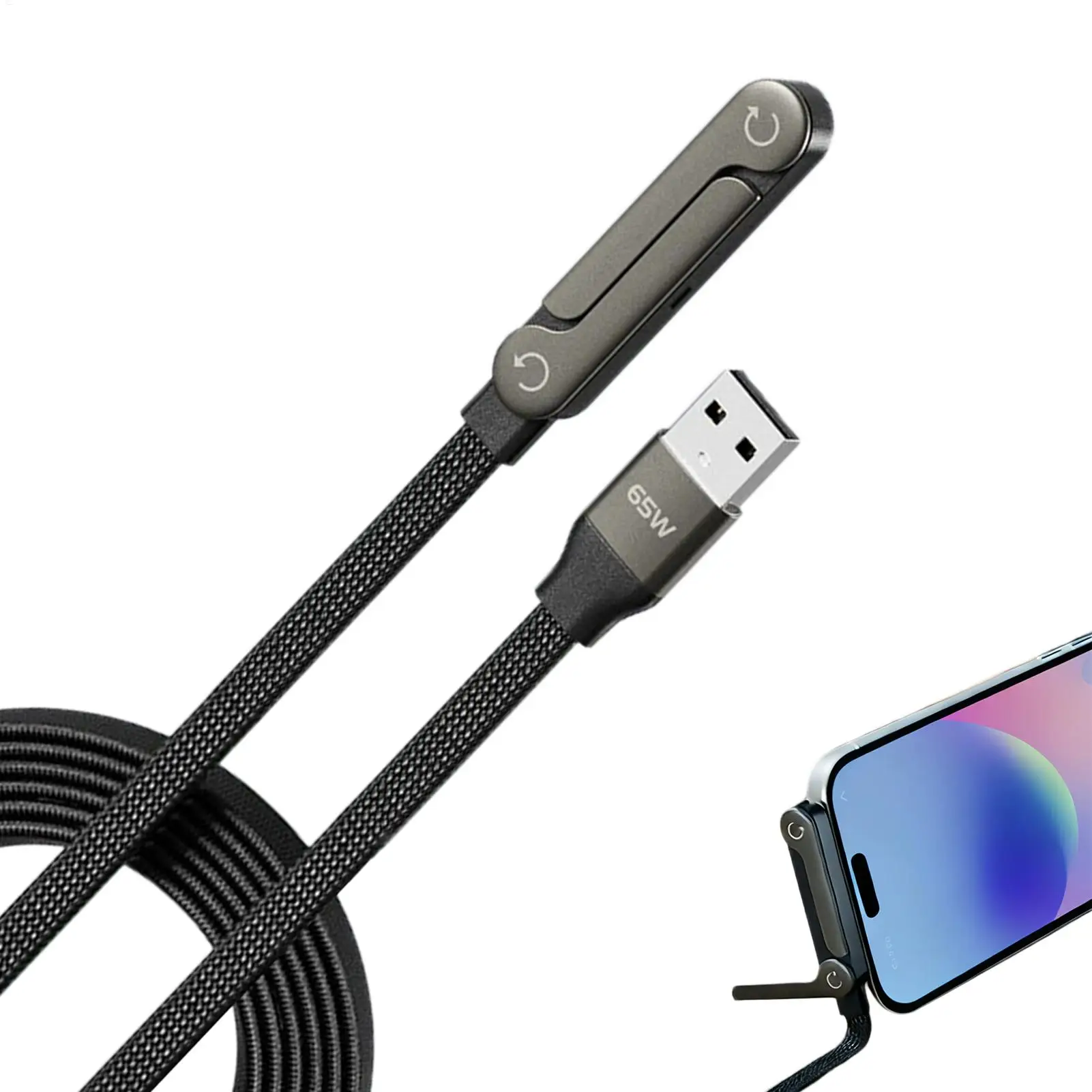 Chargeur de téléphone latéral, câble de charge invisible avec support intégré, cordon de charge avec support de téléphone pliable 2-en-1