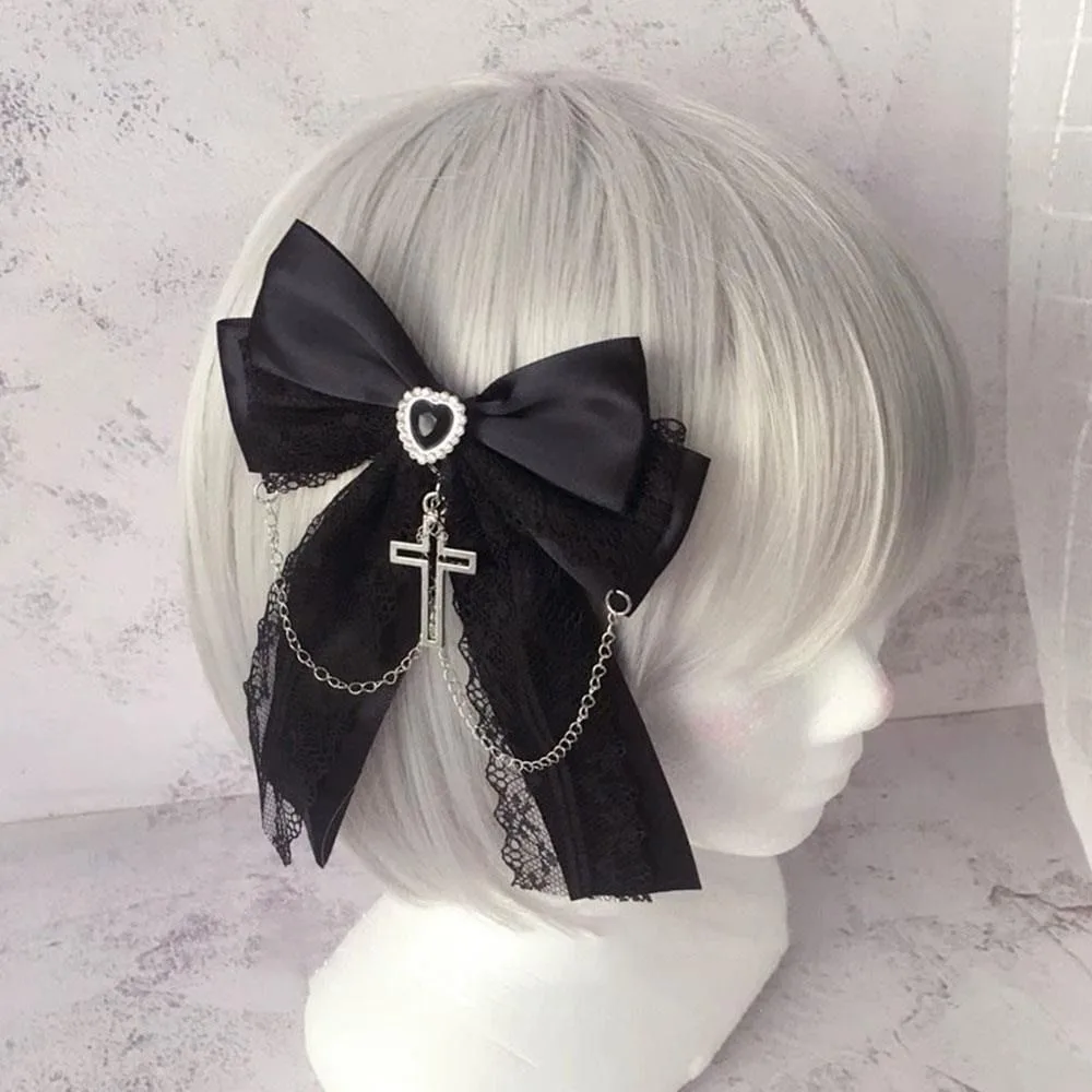 Cute Bow Cross Pendant Gothic Hair Clip Bag Charm Exquisite Lace Design Lolita Hair Accessories Japanese Style Y2K Hair Clip