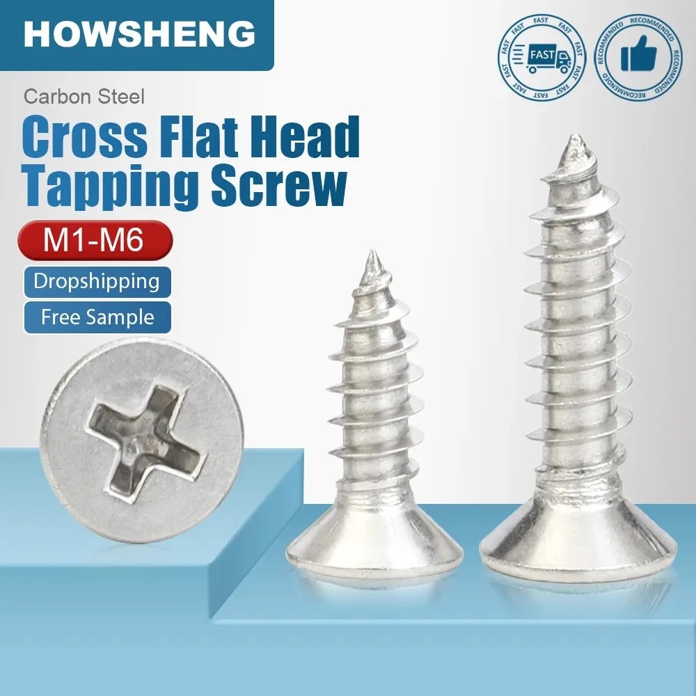 HOWSHENG 10-100pcs Cross Flat Head Wood Screws Nickel Plated Phillips CSK Head Self-tapping Screws M1 M2 M3 M3.5 M4 M5 M6