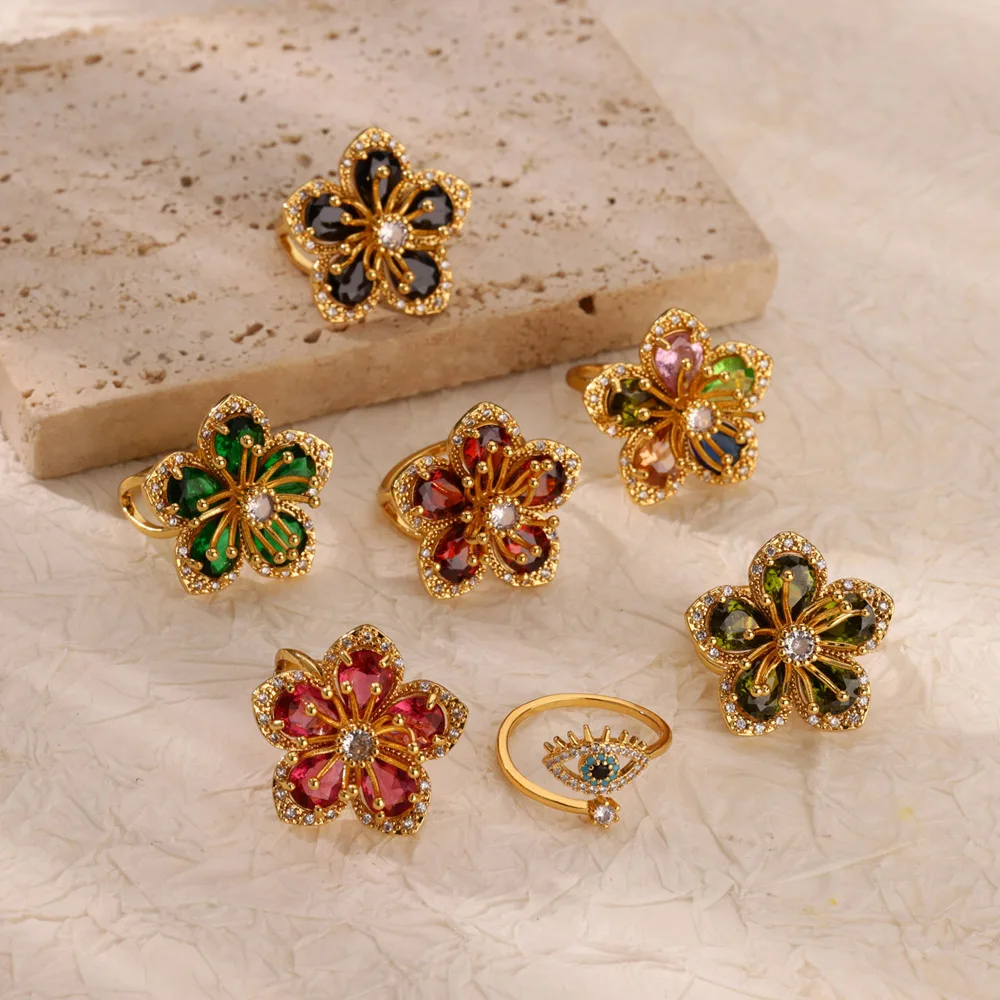 여성을위한 럭셔리 지르콘 꽃 반지 스테인레스 스틸 골드 도금 다채로운 대형 꽃 잡초 반지 빈티지 보석 파티 선물