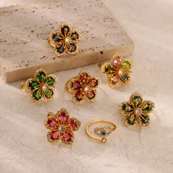 Luxury Zircon Flower Rings For Women Stainless Steel Gold Plated Colorful Large Flower Weeding Ring Vintage Jewelry Party Gift