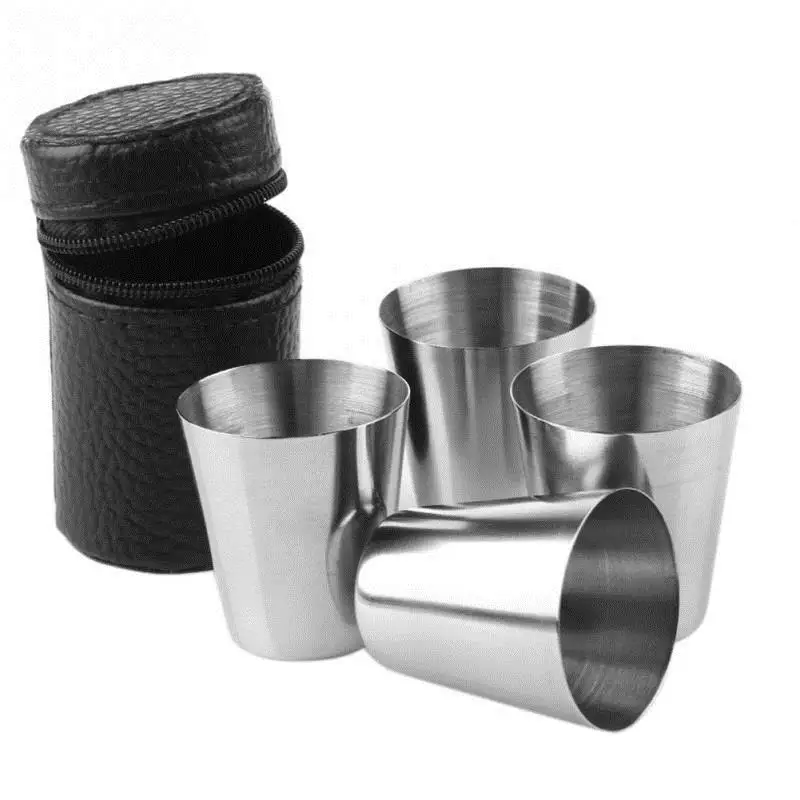 4/6Pcs Stainless Steel Cups Set Unbreakable And Stackable Metal Drinking Glasses With Black PU Leather Case For Outdoor Travel