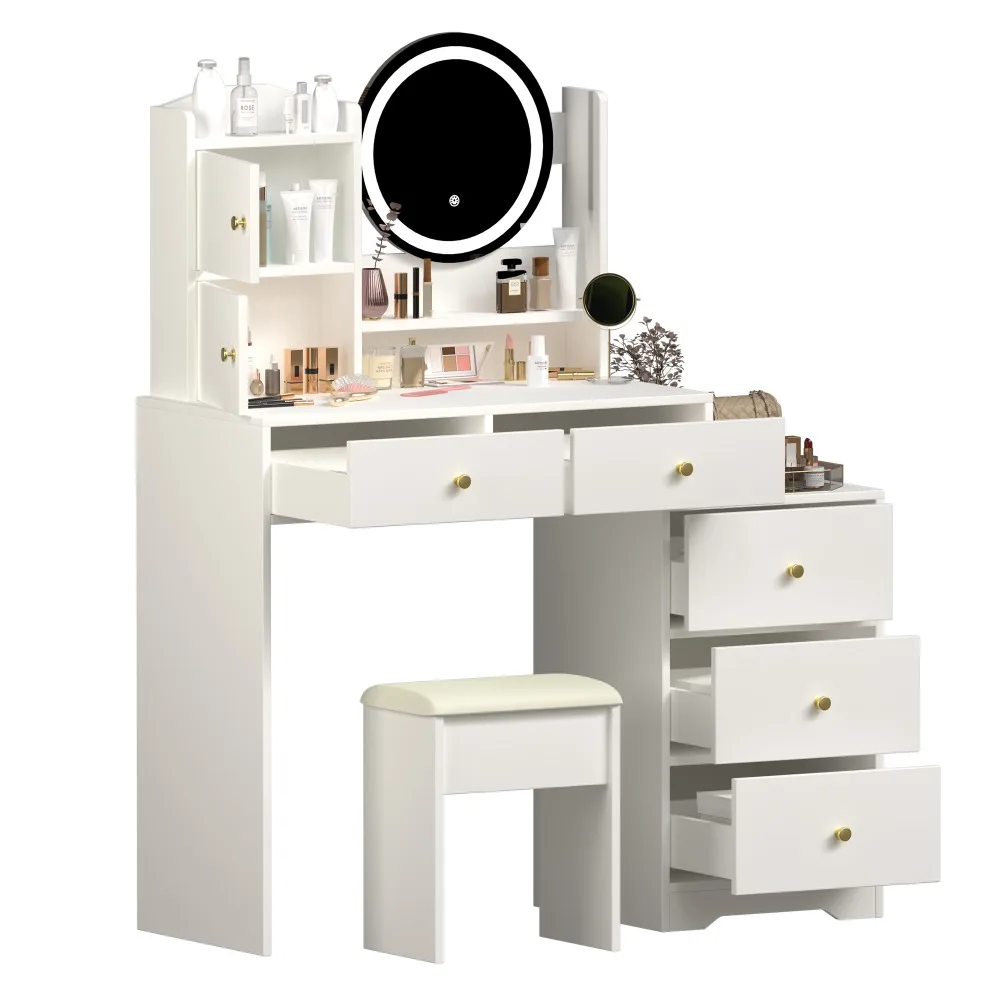 Fashion Vanity Desk with Mirror and Lights for Makeup and Cushioned Chair,White