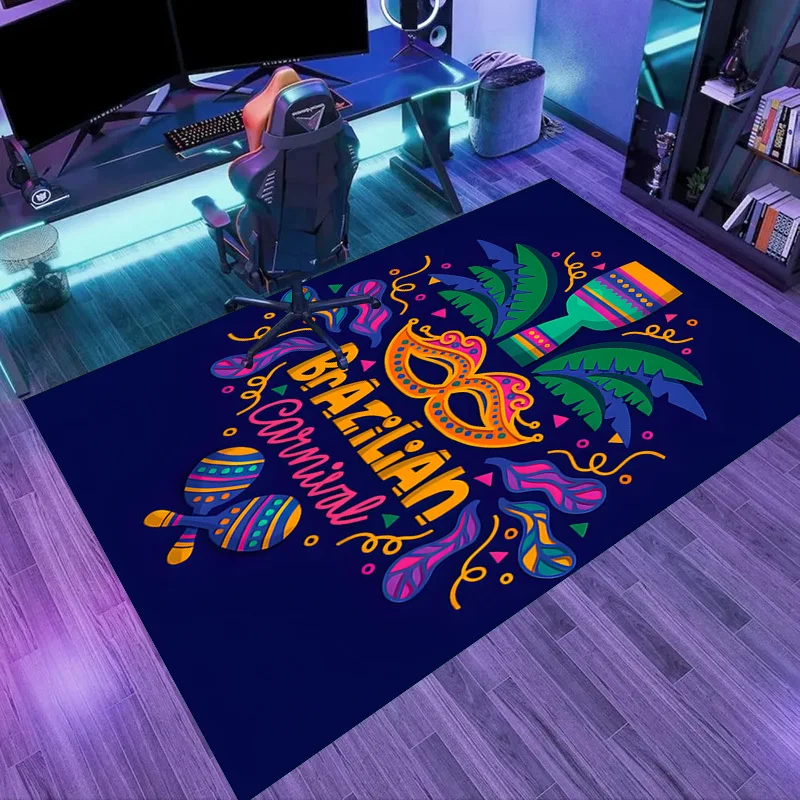 VIKAMA Brazilian Carnival Area Rug Festive Mask Maracas Palm Leaf Print Non‑Slip Washable Soft Carpet for Living Room Bedroom