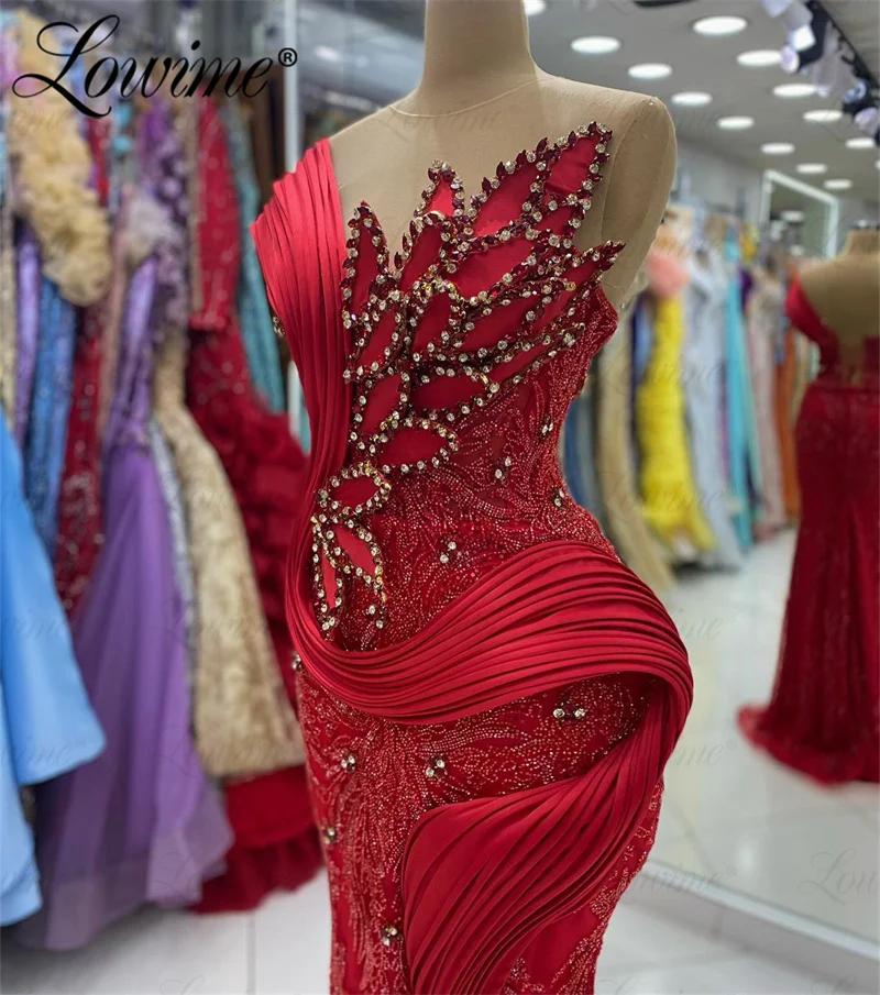 Aso Ebi vestido de graduación con cristales rojos para mujer, vestido de sirena con cuentas de lentejuelas, diseño de hoja 3D, vestido de noche árabe, vestidos de compromiso para fiesta de boda