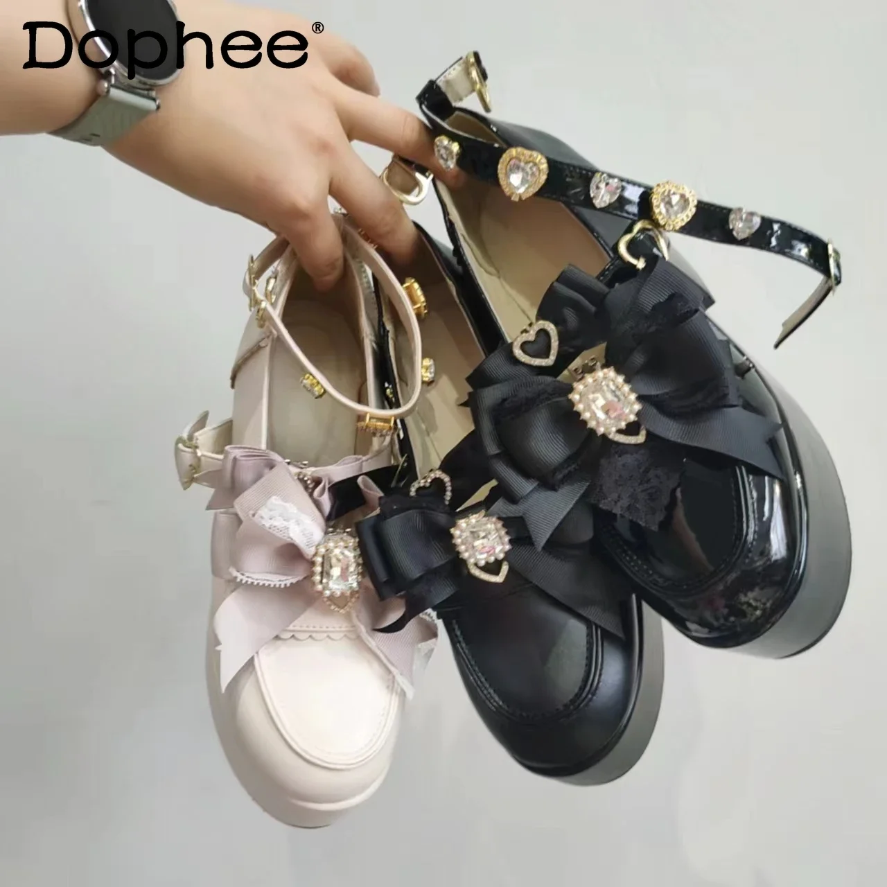 

Liz Mine Japanese Retro Lolita High Heels Womens Spring and Autumn Fashion Rhinestone Love Bow Platform Heels Mary Jane Shoes