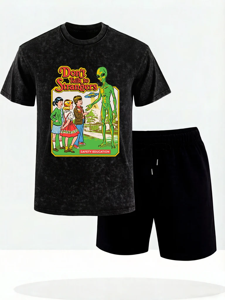 

Don’T Talk To The Strangers Print Man Washed Vintage T Shirt O-Neck Casual Shorts Set Summer Comfy Cotton Loose Fashion Clothes