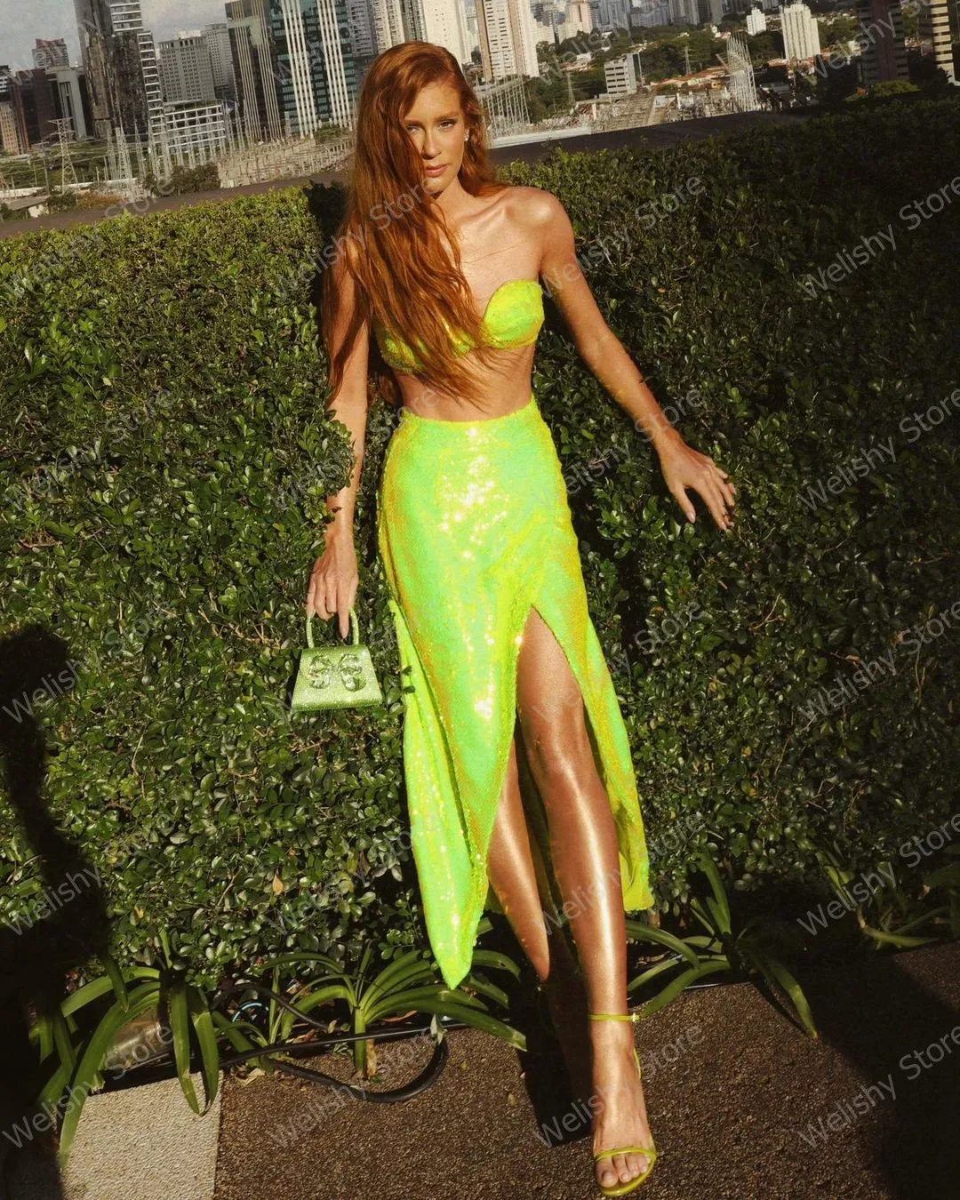 Shiny Neon Green Sequins Party Skirt Fashion High Waist Slit Mermaid Skirts Women Tea-Length Sequined Long Summer Holiday Skirts