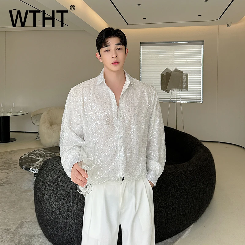 

WTHT модные мужские рубашки с промышленными пайетками, модные однобортные топы с длинными рукавами, мужские осень 2023, 2A1454