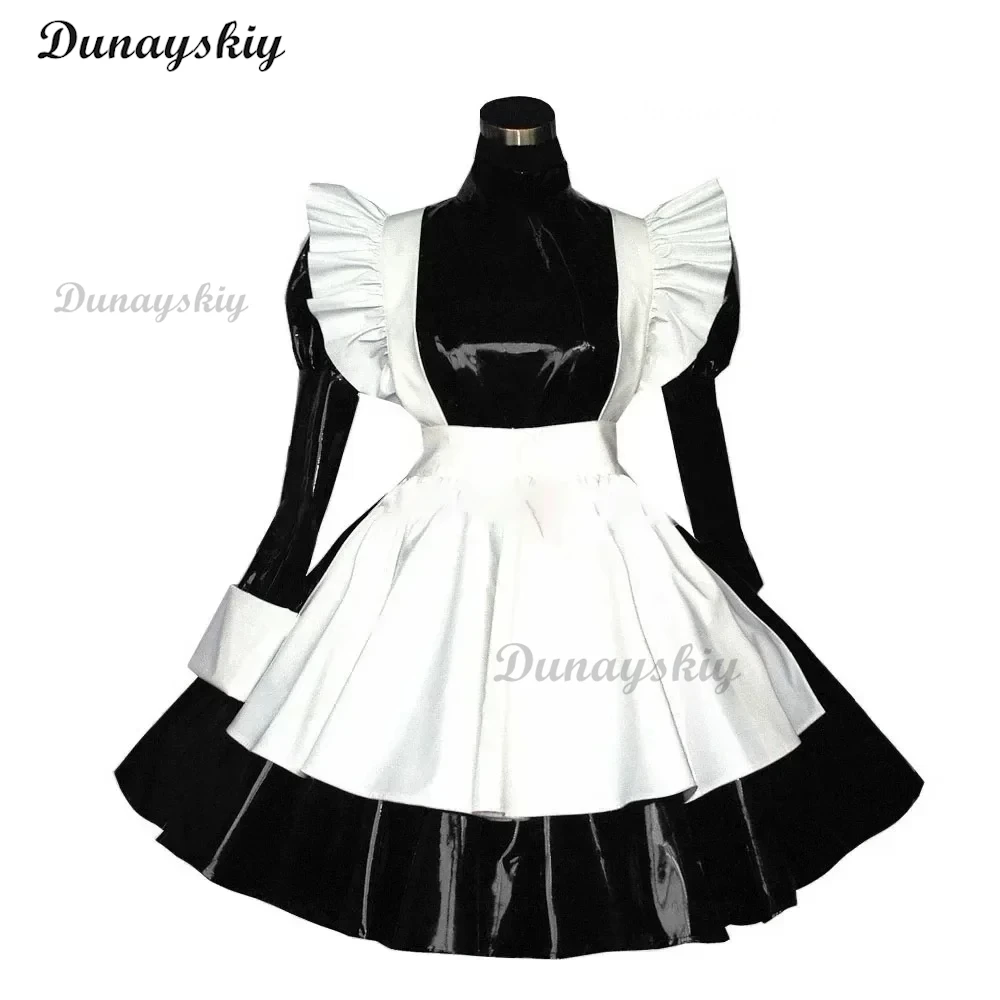 Dulce disfraz de sirvienta Lolita Cosplay mujer Sexy PVC cuero sirvienta francesa traje de camarera con cordones vestido de sirvienta Clubwear