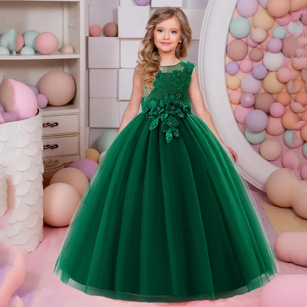 Vestidos elegantes de fiesta de Navidad para niñas, disfraces para niños, vestido de dama de honor con flores de encaje, Vestidos de noche de boda para adolescentes