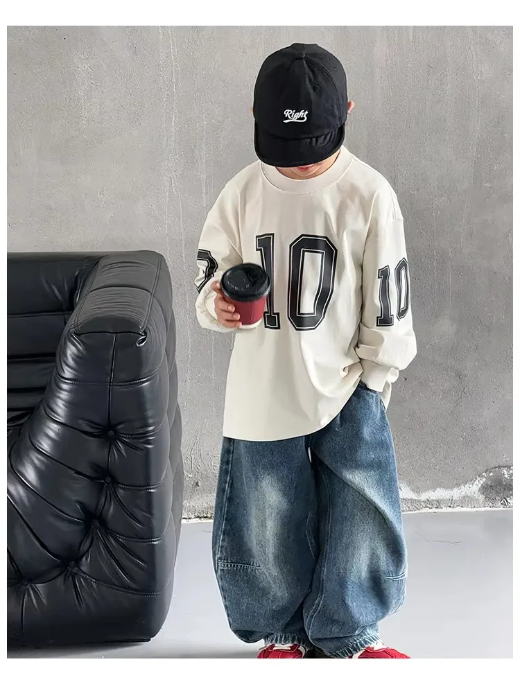 Fall/Winter Children's Round-neck Sweater - Fashionable Solid Color Letter Print Boys' and Girls' Casual Warm Long-Sleeved Shirt