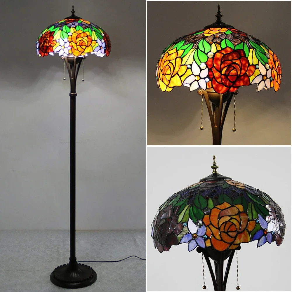 

16inch 40cm Vintage Handcrafted Tiffany Stained Glass Gorgeous Pastels Rose Flower Lampshade Living Room Art Standing Floor Lamp