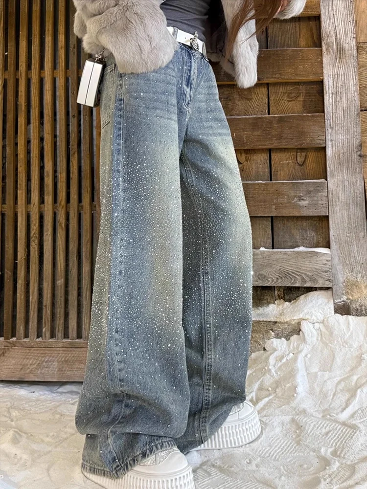 

American High Street Starry Diamond Splicing Jeans Women's Summer Spicy Design Fashionable All-Match Floor-Length Pants