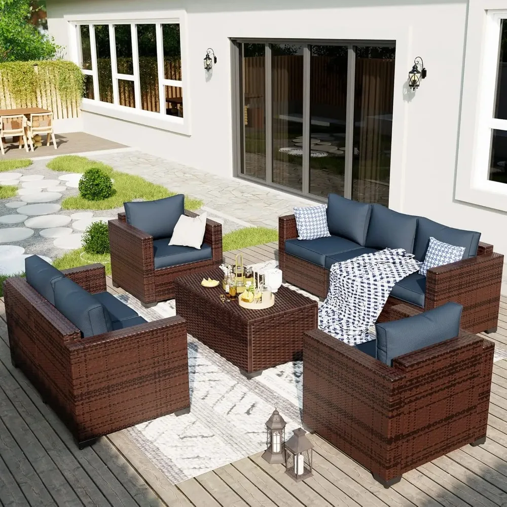 5 Piece Outdoor Furniture Set, Oversized Armrest Patio Furniture Sets w/Storage Table No-Slip Cushions Furniture Covers