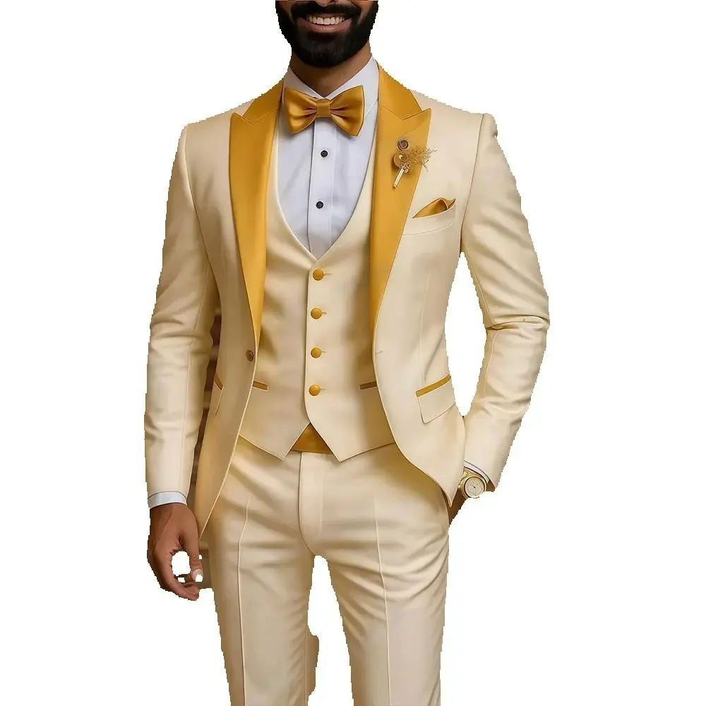 Men's Suits 3 PCS Peaked Lapel One Single Button Italian Champagne Wedding Suit Man Suit Tuxedo Prom Slim Fit Blazer Customized image 3