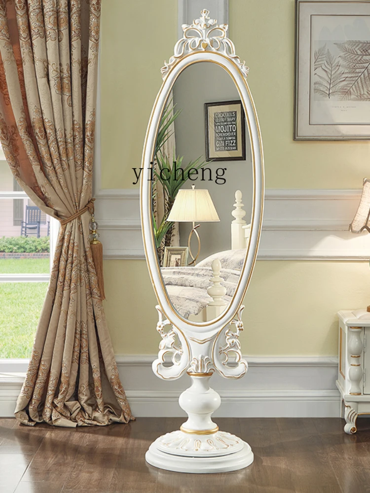 Zc Solid Wood Hand-Carved Dressing Mirror Double-Sided Rotating Floor Mirror for Makeup