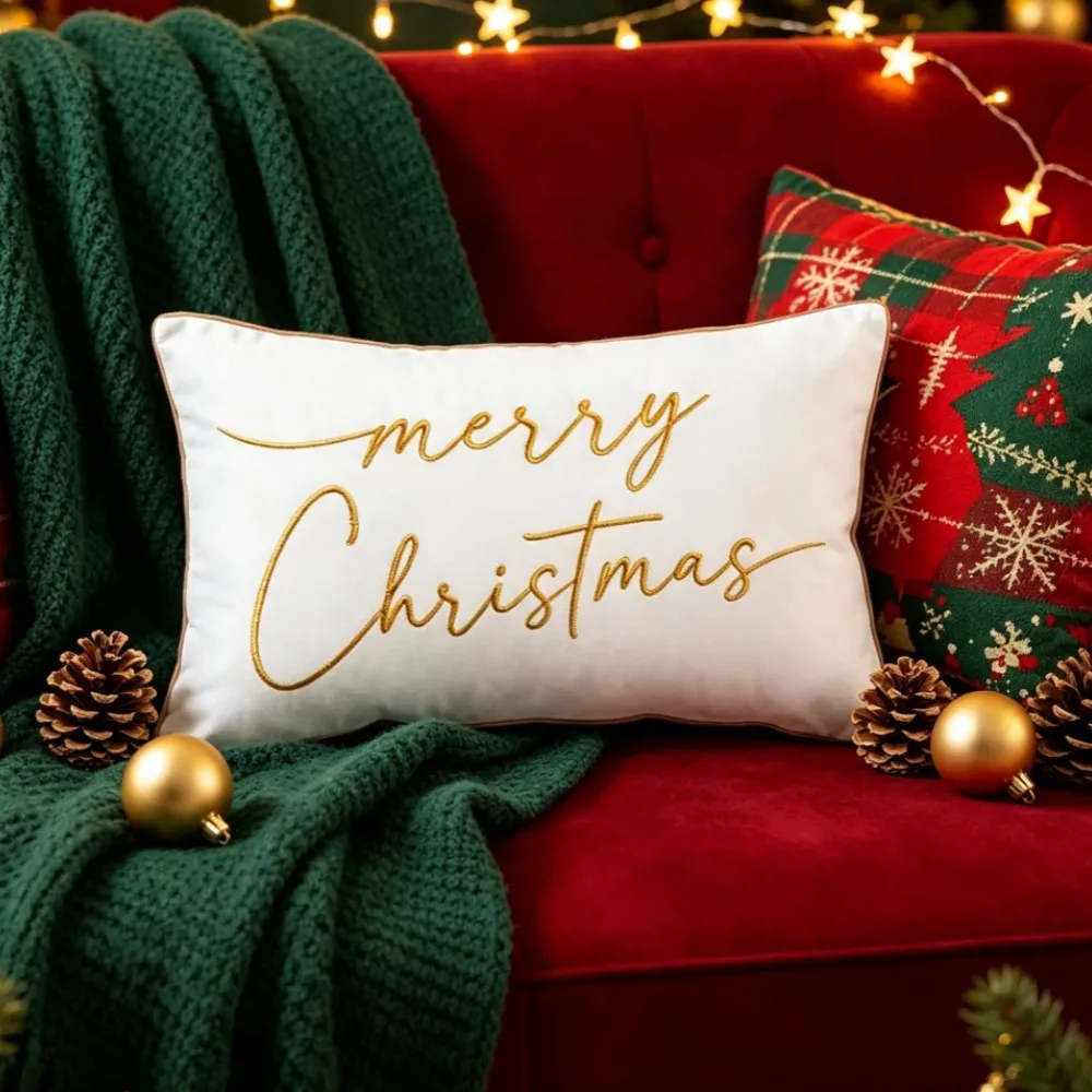 Christmas Embroidered Throw Cushion Covers Nutcracker Design in White Red Green for Sofa Bed Living Room Decorative Pillow Case