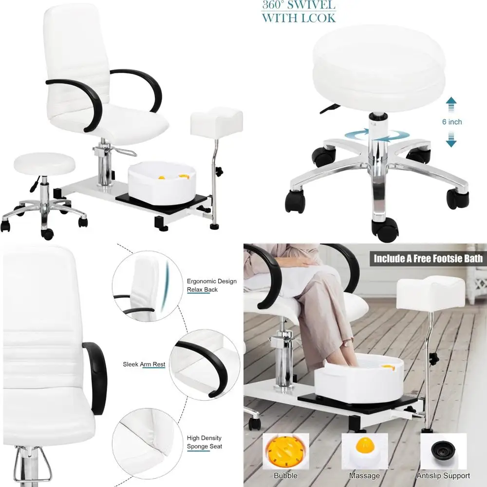 

White Pedicure Chair with Stool and Bubble Massage Foot Bath, Hydraulic Unit for Nail Technicians and Beauty Salons