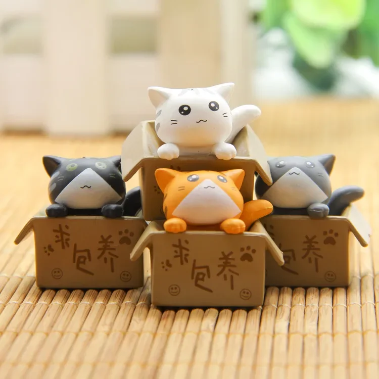 3D Cartoon Kawaii Resin Cat In The Box Figurines Cake Decoration Home Mini Figures Desktop Fairy Garden Miniature Gift for Kids