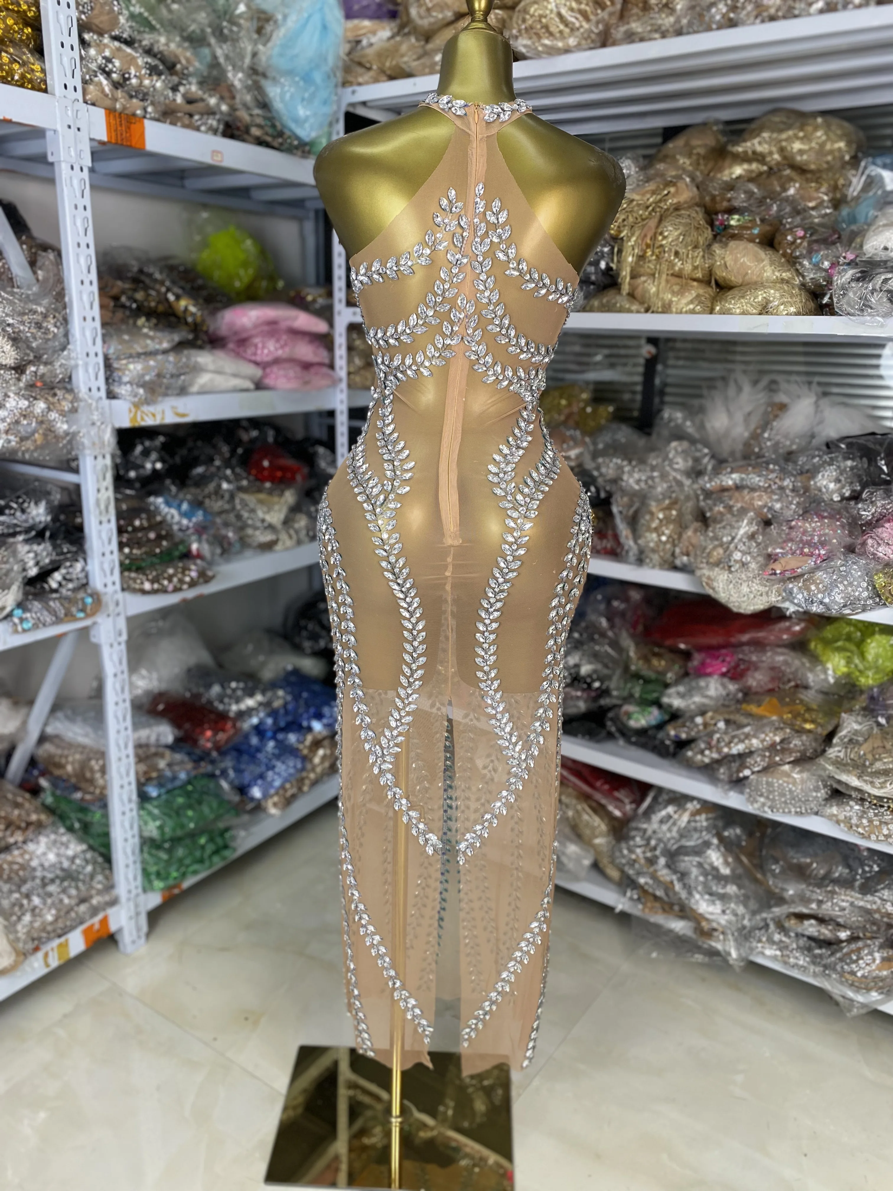 المرأة المطبوعة التألق الراين شبكة ماكس فستان طويل شفاف قطعة واحدة المشاهير مساء نادي حفلة المدرج حفل العباءات #4