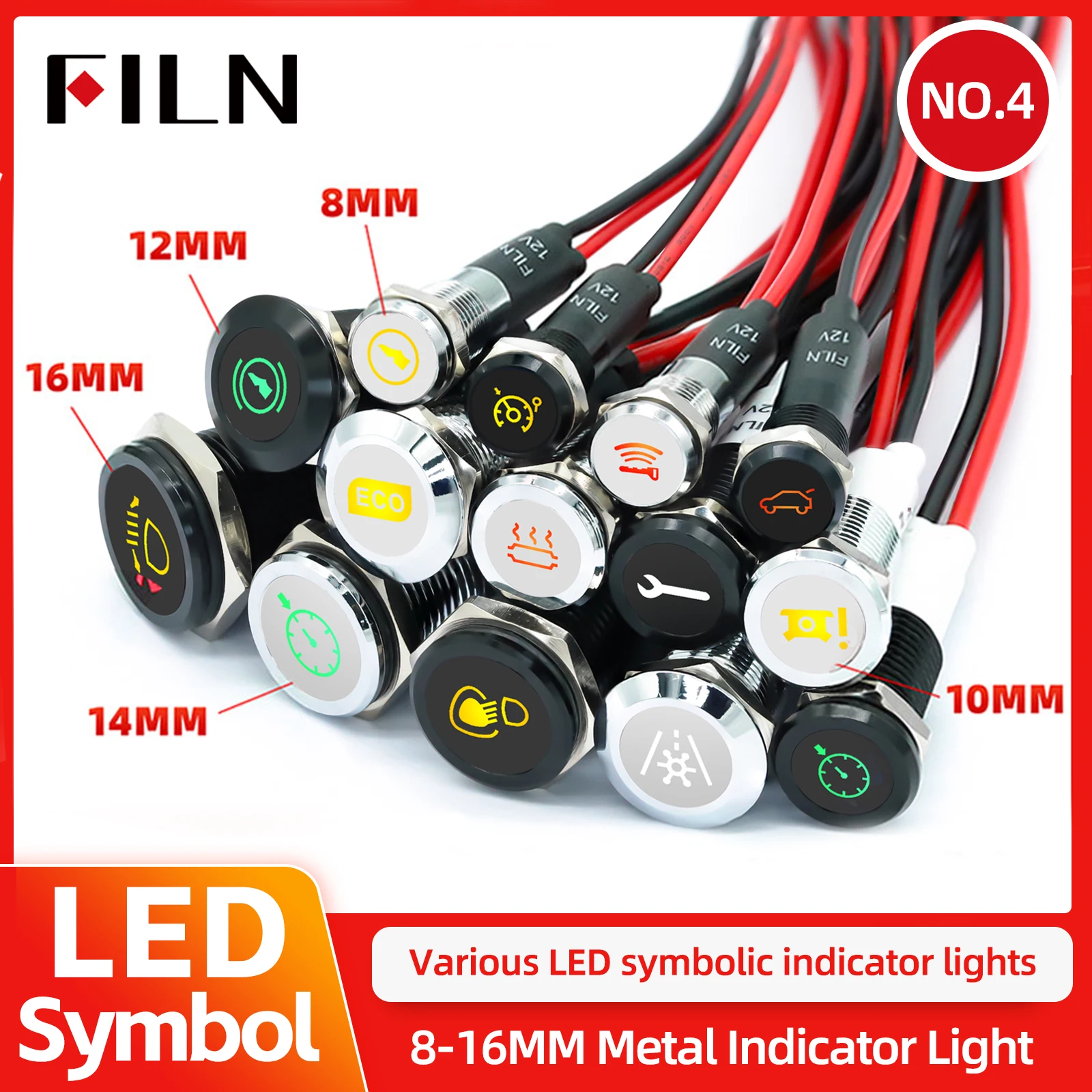 FILM Symbol Led 12V 24V Dash Pilot Licht Metall Anzeige Mit Draht 8/10/12/14/16mm Für Auto Dashboard Lkw Maschinen Industrielle