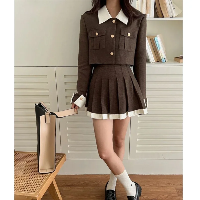 

Spring Autumn Women's French Preppy Style Matching Sets Patchwork Slim Short Jackets Mini Skirts 2 Piece Suits Coat Skirt Outfit