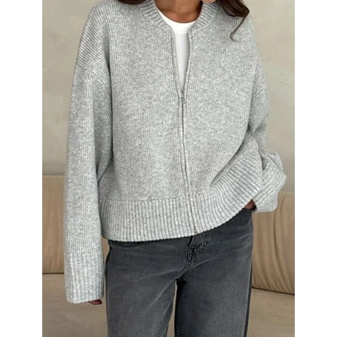 

Casual Zipper Knit Cardigan Women's Pure Color Versatile Sweater Medium Thin Long Sve round Ne Zipper Sweater