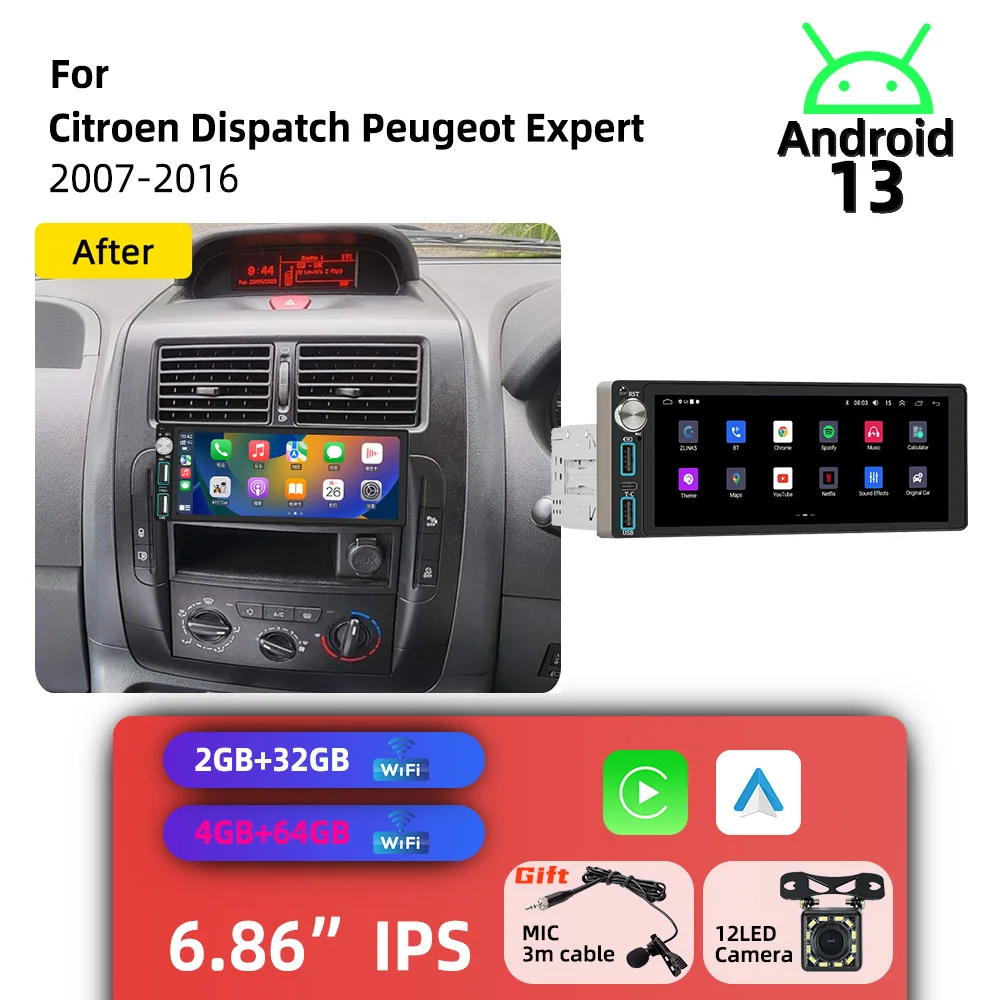 6.86 inch Screen for Citroen Dispatch Peugeot Expert 2007-2016 Android 1Din Car Stereo Car Multimedia Autoradio Radio Head Unit