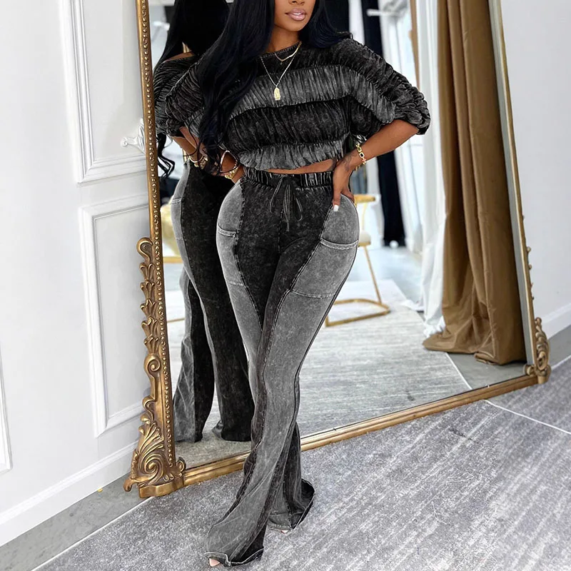 Doyerl Streetwear Two Piece Set Women Spring Autumn Patchwork Slash Neck Ruched Crop Top + Flare Pants Matching Sets Outfits